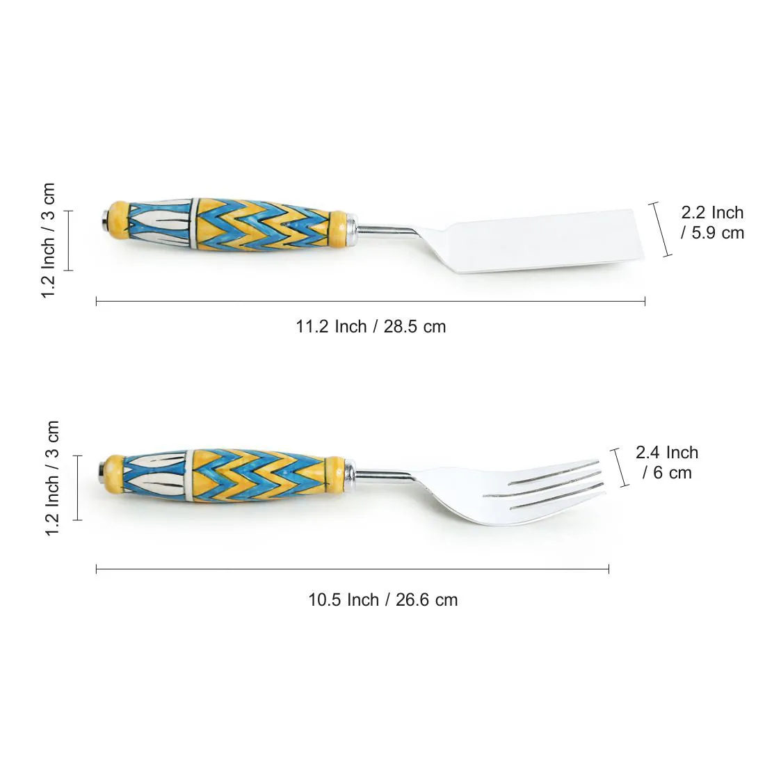 'The Mughal Paich Daar' Hand-Painted Serving Fork & Scraper In Stainless Steel & Ceramic (Set of 2)