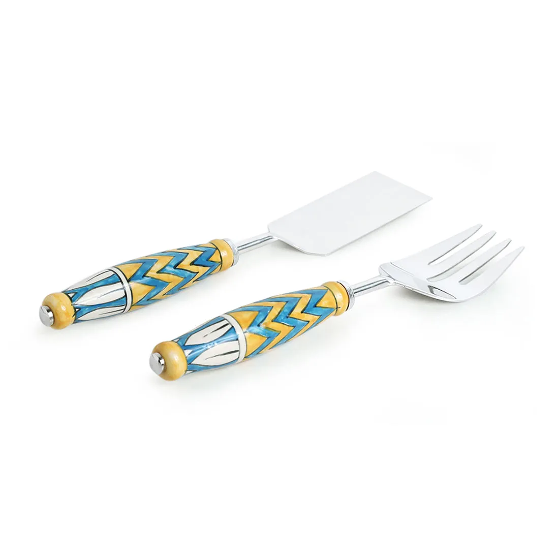 'The Mughal Paich Daar' Hand-Painted Serving Fork & Scraper In Stainless Steel & Ceramic (Set of 2)