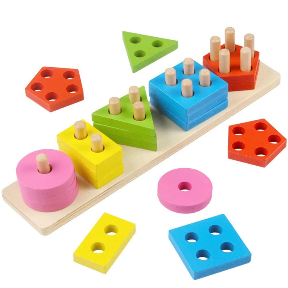 Toyshine Kids Wooden Angle Geometric Blocks Stacker Shape Sorter Column Puzzle Stacking Set - 5 Columns