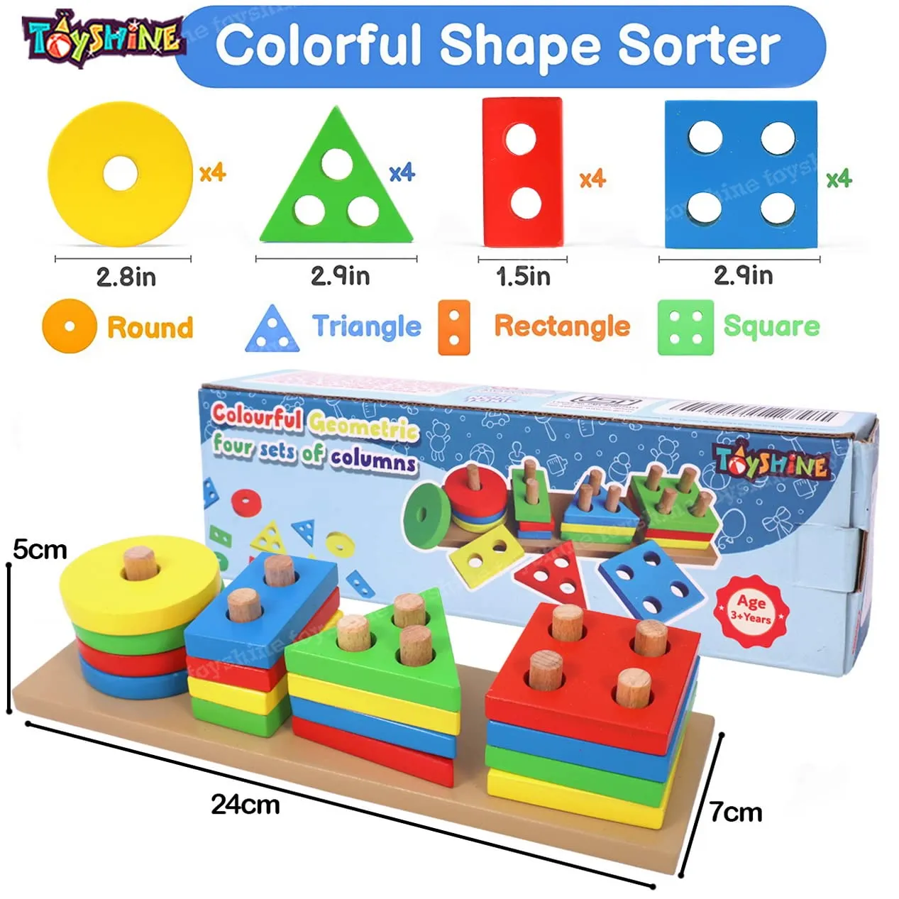 Toyshine Wooden 4 Angle Geometric Blocks Building Stacker Shape Sorter Column Puzzle Stacking Toy Set Kids