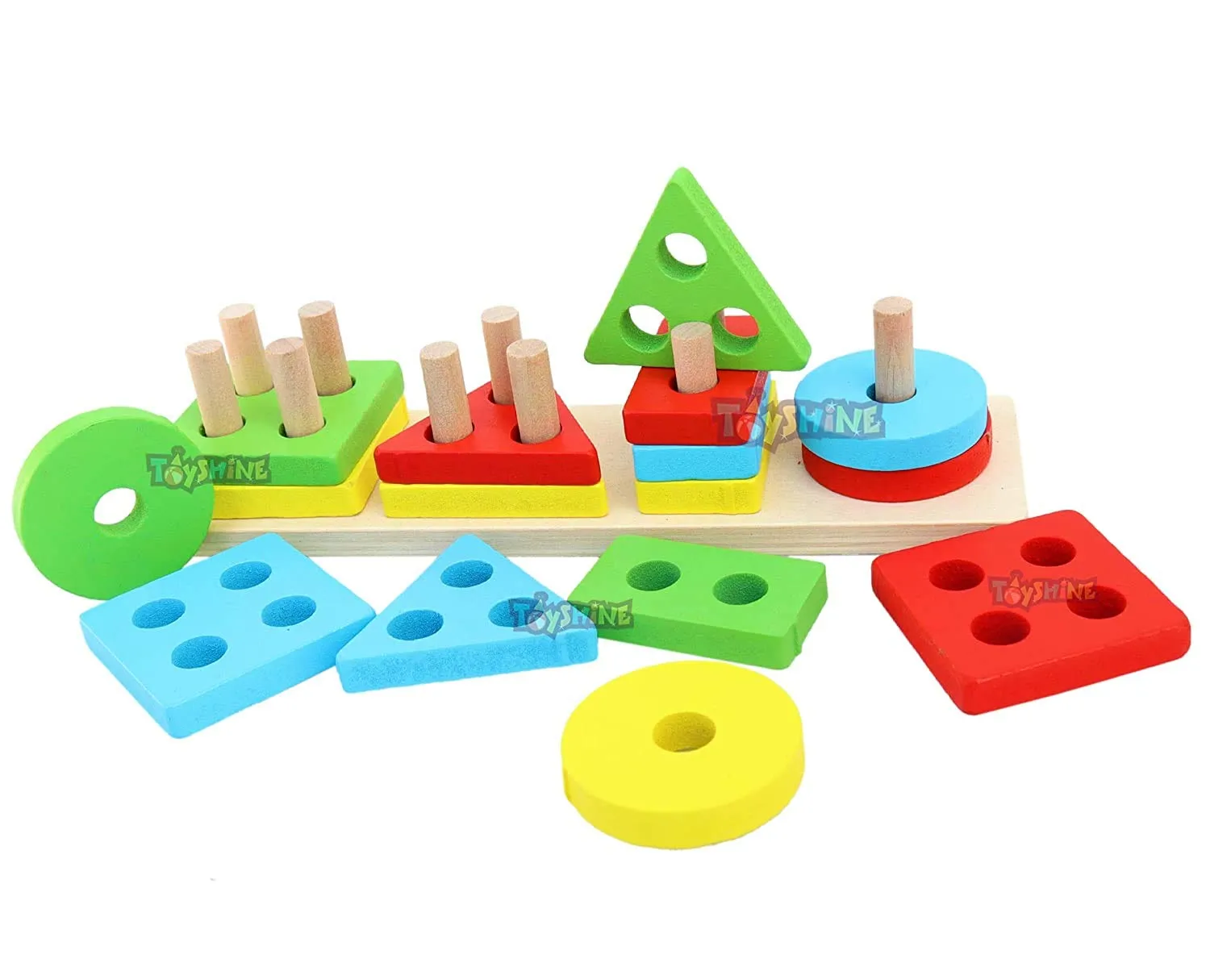 Toyshine Wooden 4 Angle Geometric Blocks Building Stacker Shape Sorter Column Puzzle Stacking Toy Set Kids