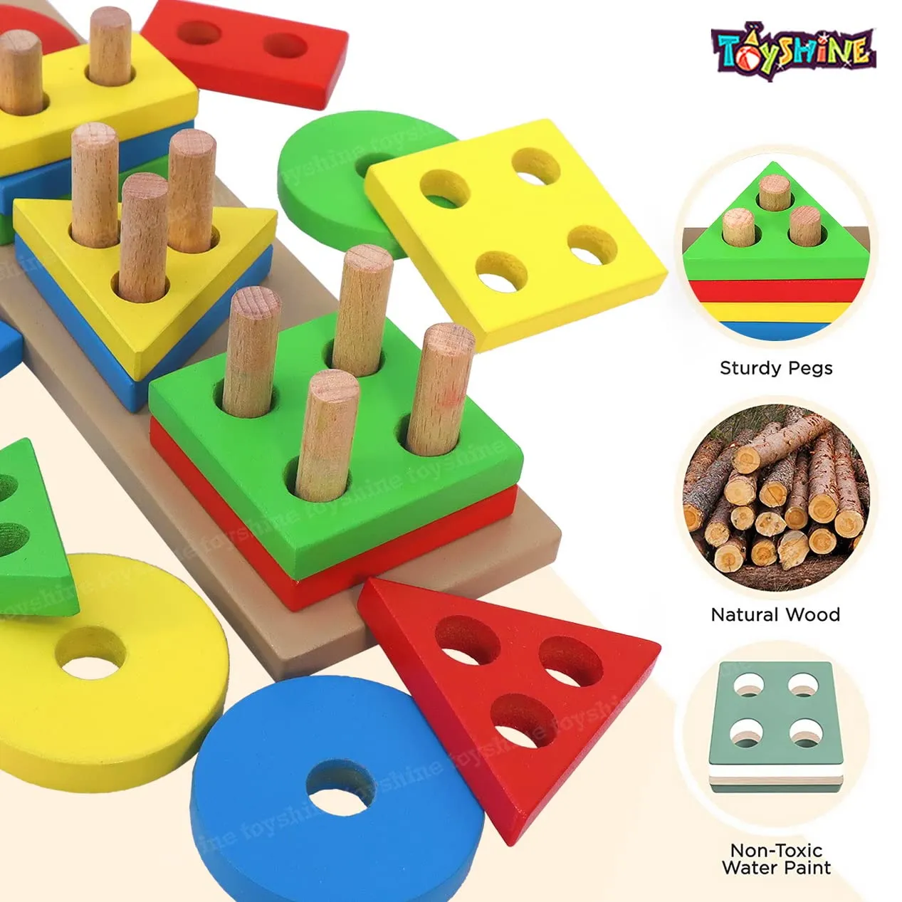 Toyshine Wooden 4 Angle Geometric Blocks Building Stacker Shape Sorter Column Puzzle Stacking Toy Set Kids