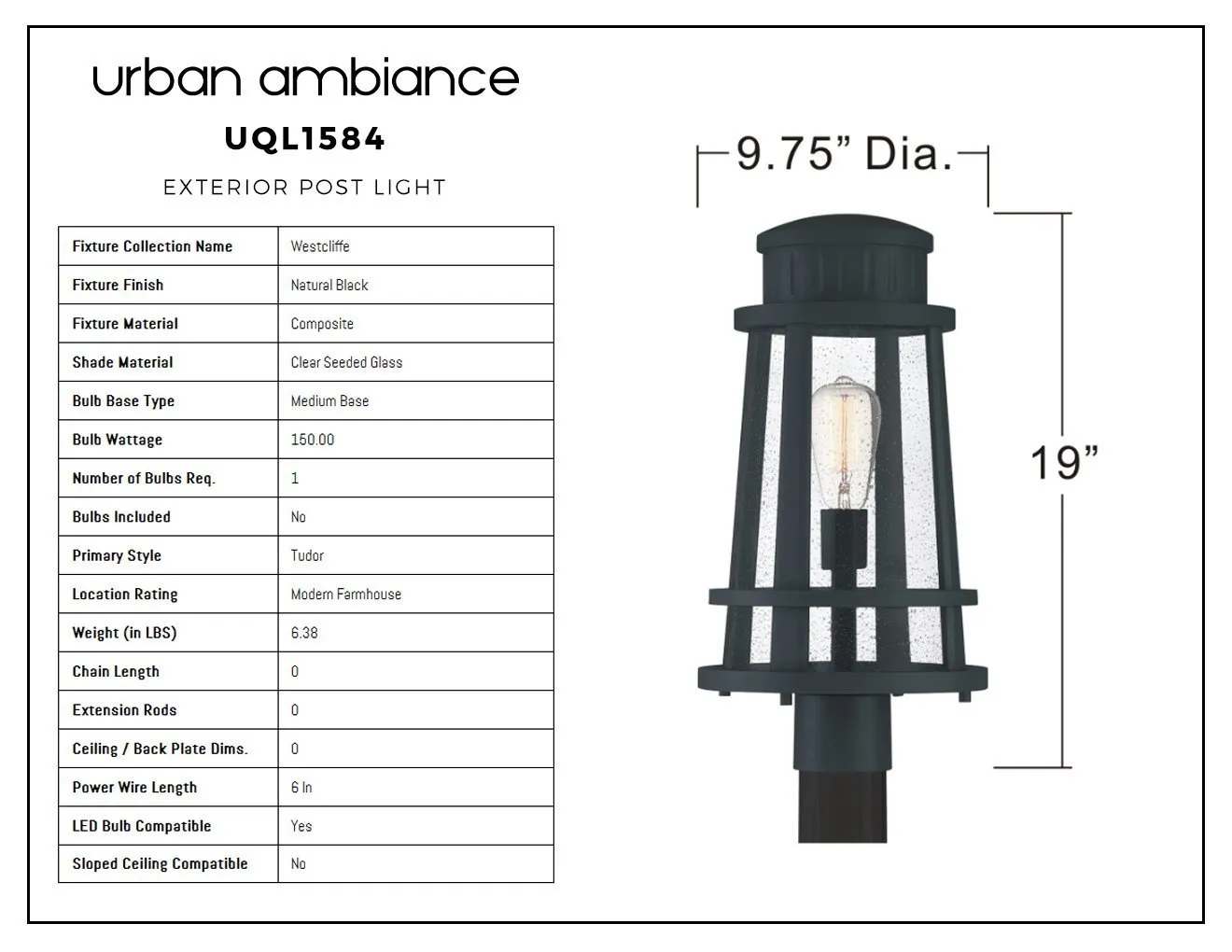 UQL1584 Tudor Outdoor Post Light 19''H x 9.75''W, Natural Black Finish, Westcliffe Collection