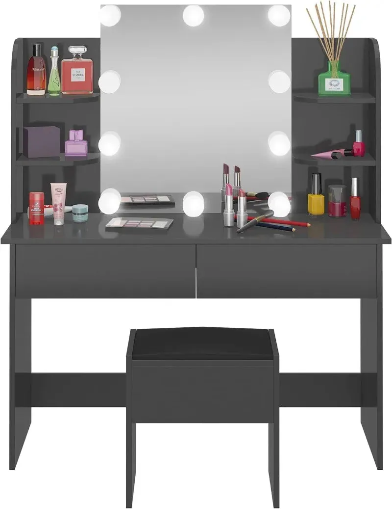 Vanity Set with LED Lighted Mirror, Black Dressing Table and Cushioned Stool