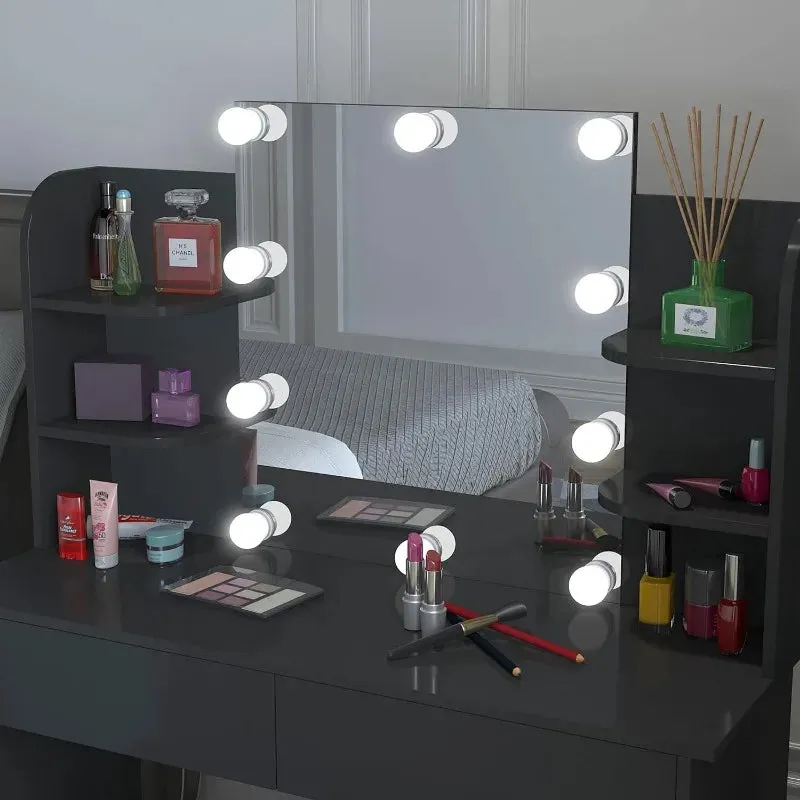 Vanity Set with LED Lighted Mirror, Black Dressing Table and Cushioned Stool