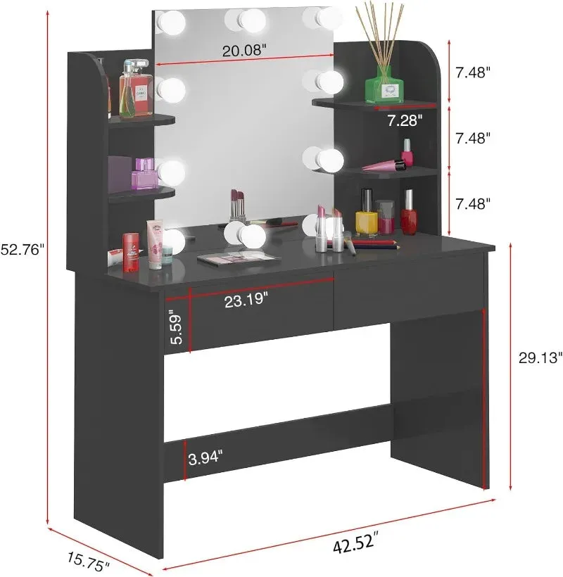 Vanity Set with LED Lighted Mirror, Black Dressing Table and Cushioned Stool