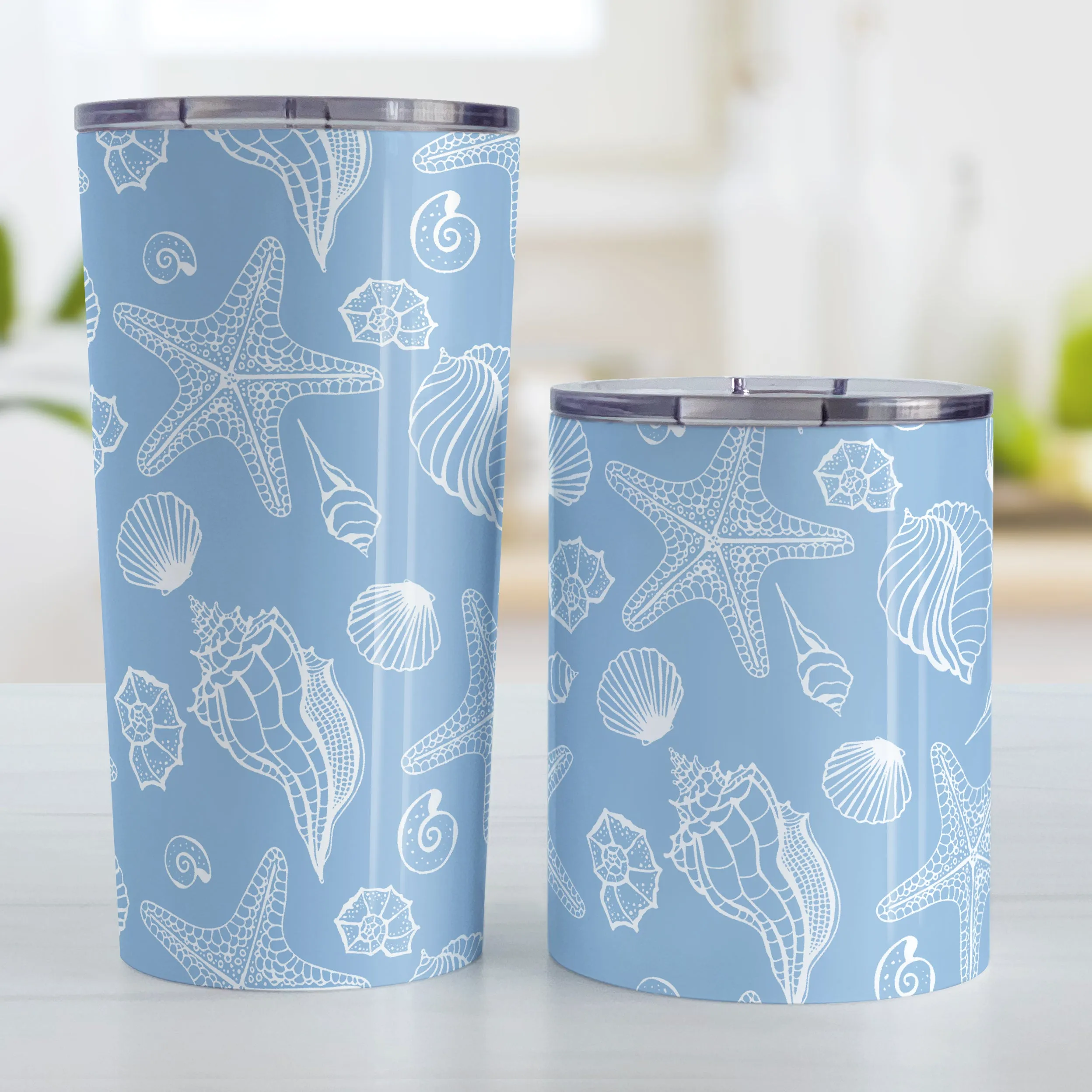 White Seashell Pattern Blue Beach Tumbler Cup