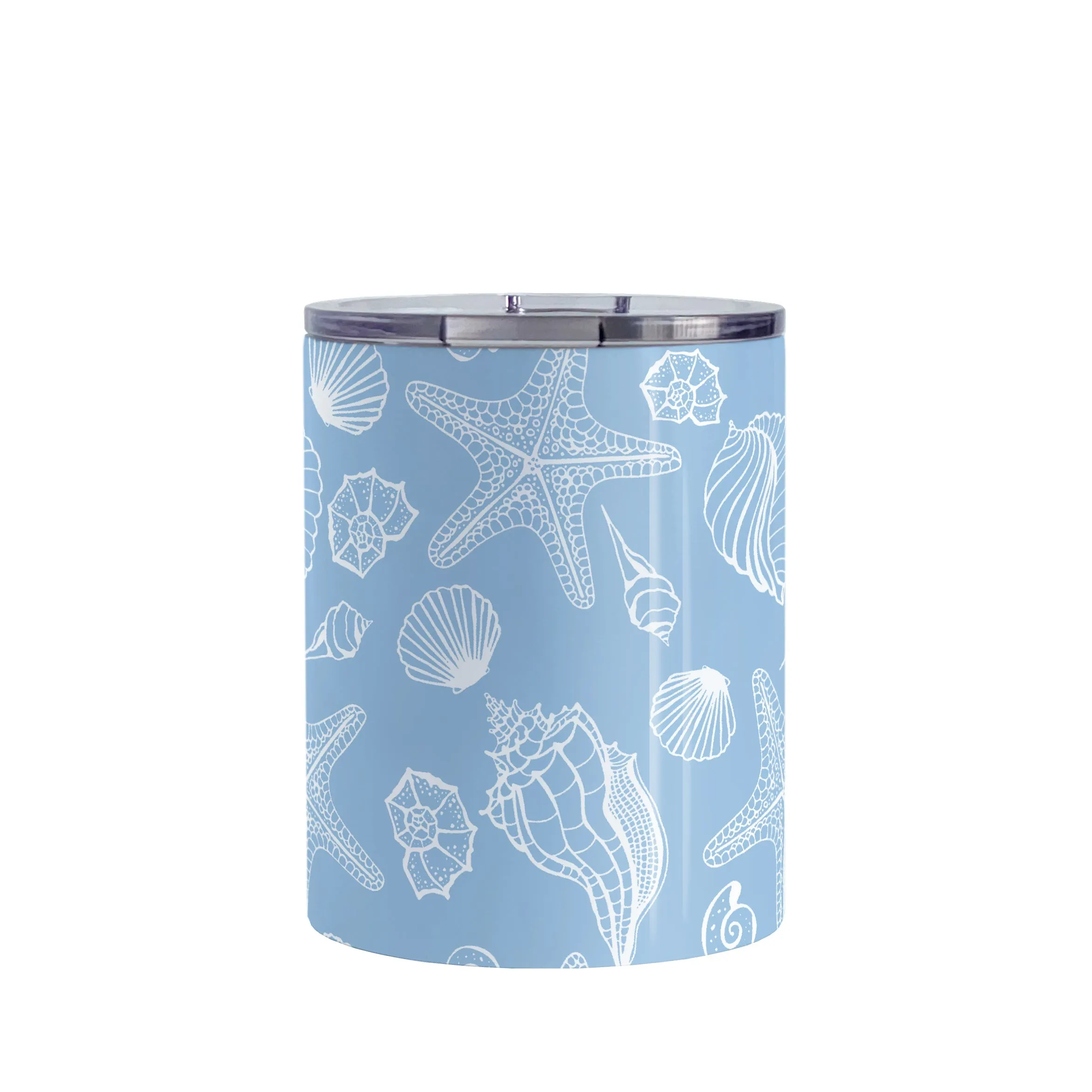 White Seashell Pattern Blue Beach Tumbler Cup