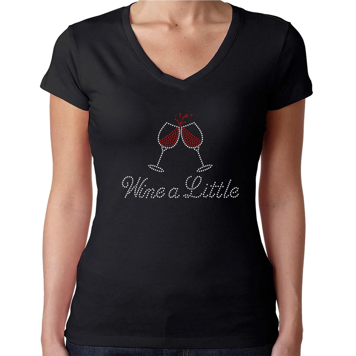 Womens T-Shirt Rhinestone Bling Black Fitted Tee Wine a Little Red Glass