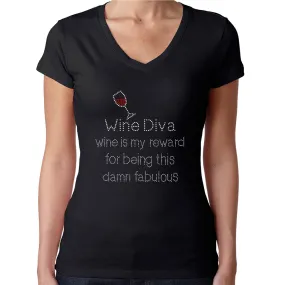 Womens T-Shirt Rhinestone Bling Black Fitted Tee Wine Diva Reward Fabulous